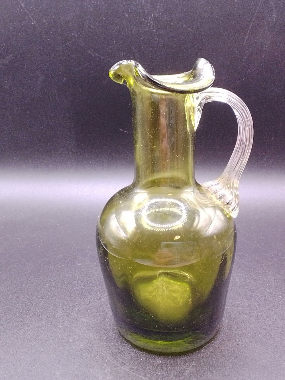 5" Green blown Art Glass Pitcher Ewer Form - MCM Mid Century